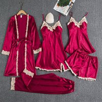Women's Clothing ladies' pajamas bra pads Gold five piece set simulated silk dress sexy suspender skirt long sleeved nightgown home clothes