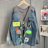 Denim Patchwork Sweater Cardigan Women New Autumn Loose Lazy Style Design Knitted Jacket Top