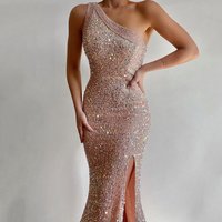 Women's Clothing Pink Slit Long Skirt One Shoulder Sequined Dress