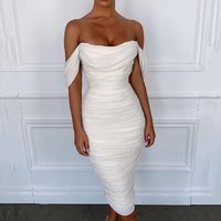 Mesh Pleated One Shoulder Dress Women's Casual Elegant Style Knee