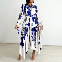 Spring Summer Women Printed Shirt Dress Fashion Elegant Office Long Sleeves Irregular With Waist Belt Button Midi Dresses