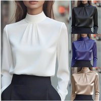 Women’s Elegant Long-Sleeve Blouse Solid Color Office Shirt S-X, WhiteBlackKhakiViolet
