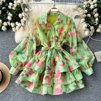 Women's Clothing small dress for women tie waist polo collar lantern sleeves ruffled fluffy print dress