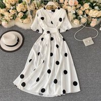Women's French style large polka dot style flared short-sleeved temperament V-neck strap waist slimming mid-length dress for women summer wear