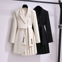 Early Spring New Design Sense British Style Coat Temperament Pleated Tie Strap Waist Covering Belly Fashion Suit Dress