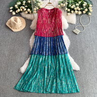 High Grade Hot Stamping Temperament Bow Round Neck Sleeveless Dress Female Summer Contrast Color Loose Slim Pleated Long Skirt