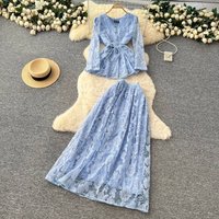 ​​Elegant Two-Piece Set - Embroidered Lace Blouse With Tie Waist & High-Waist Midi Skirt GreenBlueRedBeige, S-Xxl​​