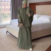 Women's Oversized Lapel Shirt Dress Set Long Sleeve Button-Down Tunic & Maxi Skirt -XX, Poly-Spandex Blend