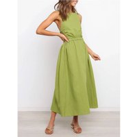 Women's Backless Hollow-Out Dress Elegant High-Waisted Maxi Dress For Office & Date Night, Cotton-Linen Blend Green​