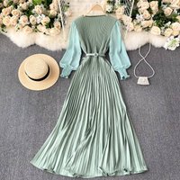 Women's Clothing Retro Temperament Bubble Long Sleeve Halter Neck Backless Waist Slimming Slit Metallic Pleated Dress