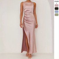 Women’s Clothing Spring And Summer Women's New Style Pure Color Sexy Backless Slit Mid Length Skirt Sleeveless Suspender Dress Women
