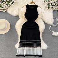 Women's Clothing Summer High End Celebrity Temperament Round Neck Waist Slimming A Line Mesh Splicing Knitted Vest Dress