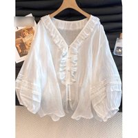 ​​Women's V-Neck Blouse With Lace Trim & Pintuck Details Breathable Linen-Look Polyester Top For Office & Casual Wear White, Relaxed Fit​​