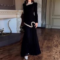Glamorous Crystal-Embellished Pleated Maxi Dress U-Neck Elegant Evening Gown With Tie Waist, Polyester, WhiteBlack