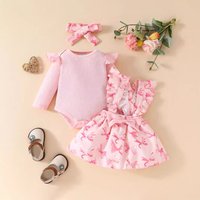 ​​"-Piece Baby Girl Dress Set With Ruffled Sleeves, Bow Details & Overalls Soft Cotton Knit, Cute Animal & Floral Prints -, - "​​
