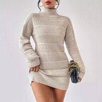 Slim-Fit Ribbed Knit Dress Versatile Mock Neck Long Sleeve Bodycon Dress For Women BlackWhiteWine, S-