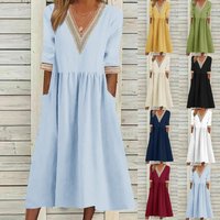 Loose Lace Splicing V Neck Half Sleeve Long Dress Women Solid Cotton Linen Dresses Female Srping Summer Pocket Robe Femme
