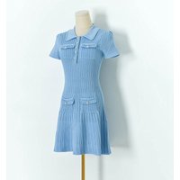 Women's Clothing S Spring and Summer New Sequined Yarn Elastic Waist Baby Lapel Short Sleeve Knitted Skirt A line Dress Women's