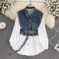 Retro Denim-Trimmed Shirt Dress A-Line Collared Dress With Long Sleeves One Size Fits Most, Colors: WhiteBlackRed