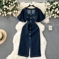 Women's age-reducing design, exposed line buttoned, slim-fitting, mid-length, split denim dress for women