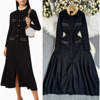 Women's Clothing autumn and Winter Elegant Contrast Color Lace Collar Long Sleeve Temperament Slimming Black Long Knitted Dress