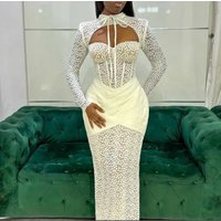 Women's Clothing New Half High Collar Lace Up Hollow Low Cut Sexy Hip Wrapped Long Sleeved Dress Evening Dress