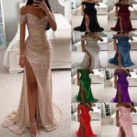 Women's Clothing Sparkling Slit Party Dress - Off Shoulder Glitter Dress For Women, Elegant & Stylish, Comfortable & Flowy, Perfect For Night Out