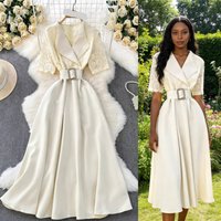 "Elegant Lace & Satin Long Dress V-Neck Patchwork Design With Slimming Waist & Flowy Full Skirt"