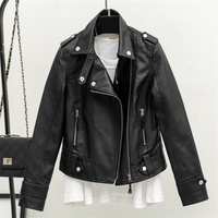 Women's Slim Fit PU Leather Jacket With Lapel Collar, Short Biker Style Coat For Spring & Autumn, Black Leather Zippered Jacket