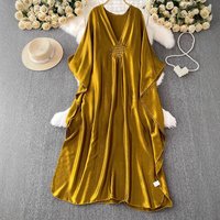 ​​Ethnic Style V-Neck Bell Sleeve Maxi Dress Vintage Satin Dress With Loose Fit & Flowy Silhouette​​
