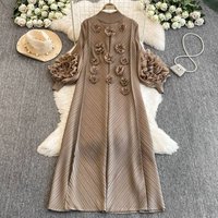 Elegant D Floral Embroidered Dress Stretchy Bubble Sleeve & Ruffled A-Line One Size Fits -, Luxe Colors​
