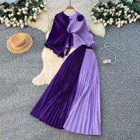​​Elegant Sash-Waist Pleated Two-Piece Set Chic Sleeveless Purple Dress & Skirt Outfit For Fall​​