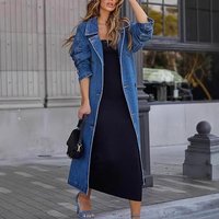 Women's Clothing Vintage Denim Duster Coat For Women Oversized Button-Up Long Jacket Double Pockets Distressed Patchwork Design Casual Elegant Style