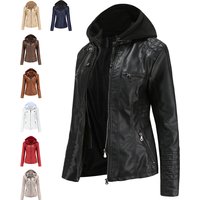 ​​Detachable Hood PU Leather Jacket Set For Women Oversized Biker Coat With Removable Hood BlackCoffeeCamelBeigeWhiteBurgundyNavy​​