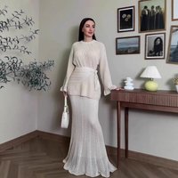 Modest Abaya DressMuslim Dress Women Elegant Long Sleeve Midi Dress Set - Flowy Knit Two-Piece Outfit With Bell Sleeves S-X, Beige​​