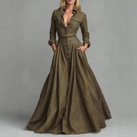 Oversized Button-Up Shirt Dress With High Waist & Flowy Silhouette Chiffon Polyester, Military Green