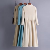 Women's Clothing Autumn and winter half-high collar big pendulum long knit dress waist slimming long sleeves simple temperament sweater bottoming