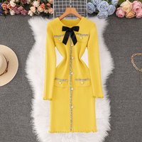 ​Elegant Bow-Knot Knit Dress With Ruffled Hem & Long Sleeves Slim Fit Winter Short Dress For Women YellowWhiteBlackRed, SML​