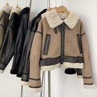 Women's Clothing Vintage Faux Shearling Leather Jacket - Retro Biker Style Short Coat With Plush Fleece Lining, Relaxed Fit, Multiple Pockets
