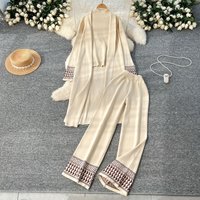 Women's Clothing Jacquard Lounge Set Oversized Draped Cardigan + Round Neck Knit Top + Flowy Wide-Leg Pants -Piece Coordinated Outfit