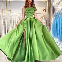 Women's Clothing one shoulder satin dress evening dress birthday party tutu skirt green high split sexy robe