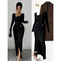 Women's Clothing ​​Asymmetric Neck Bodycon Dress Long Sleeve Wrap Dress With High Slit​​