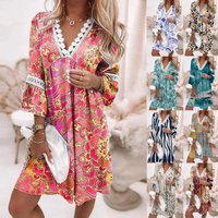 Spring V-neck Printed Lace Patchwork Bohemian Casual Vacation Style Dress