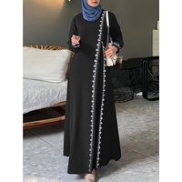 Elegant Lace-Trimmed Modest Muslim Dress Long Sleeve Solid Color Abaya With Floral Embroidery, Round Neck A-Line Maxi Dress For Women