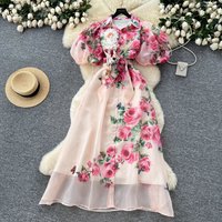 French-Inspired Floral Print Dress Tiered Tulle Skirt With Corset Lacing & Lantern Sleeves S-X