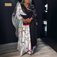 ​Elegant V-Neck Flowy Long Sleeve Wrap Dress For Women Plus Size A-Line Midi Dress With Waist Tie, Stretchy Polyester Blend, Black & White​