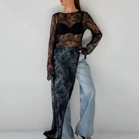 Women's Clothing Sexy Black See Through Dress With Lace Round Neck Long Sleeves And Slit Asymmetrical Dress Long Dress For Summer
