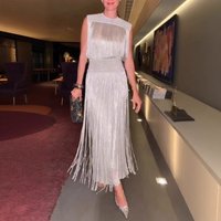 Elegant Fringe Party Dress Set, Sleeveless Sequin Two-Piece Outfit For Women SilverBlackRedPinkBlueGreenGray, -