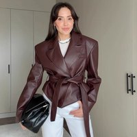 Women’s Faux Leather Biker Jacket Edgy & Stylish With Belted Waist BlackBrownBurgundy, -XX, Stretch Polyester, Loose Fit, V-Neck, Zip-Up​​