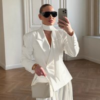 New Autumn Winter European American Women's Elegant Office Wear Belted Waist Cropped Blazer, Chic Tailored Short Suit Jacket